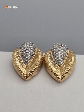 Butler FAC Gold Tone Swarovski Crystal Chevron Fan Clip-On Earrings 1" Vintage